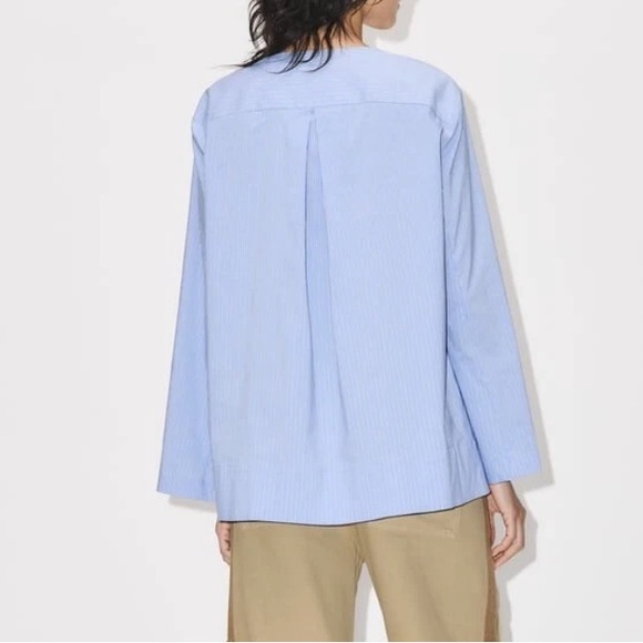 ZARA BLUE WHITE STRIPE COTTON BLEND V NECK POPLIN BLOUSE  WITH VENTS SIZE M - Picture 4 of 11